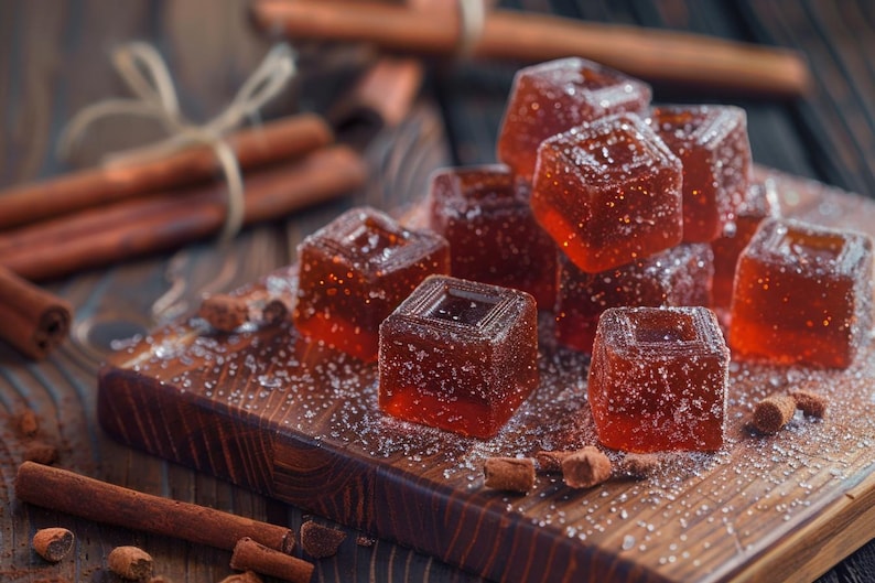 Puede incluir: Primer plano de una tabla de cortar de madera con varios caramelos cuadrados de color marr&oacute;n rojizo espolvoreados con az&uacute;car. Palitos de canela y trozos de canela rodean los caramelos, con un manojo de palitos de canela atados con hilo en el fondo.