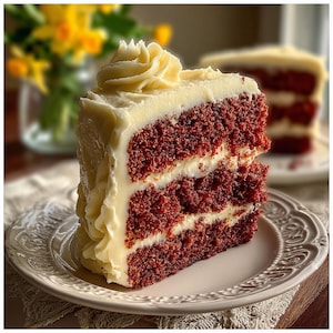 Può includere: Una fetta di torta velluto rosso con glassa bianca, servita su un piatto decorativo. La torta ha più strati di torta rossa con ripieno e glassa di crema bianca. Un vortice di glassa in cima.