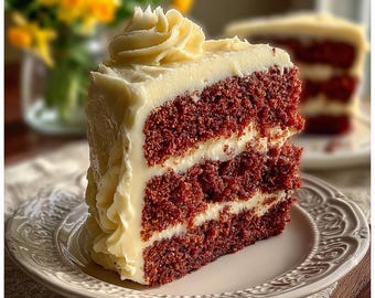 Receta clásica de pastel Red Velvet, pastel húmedo de capas con glaseado de queso crema, postre casero, PDF digital imprimible, guía de repostería fácil en PDF.