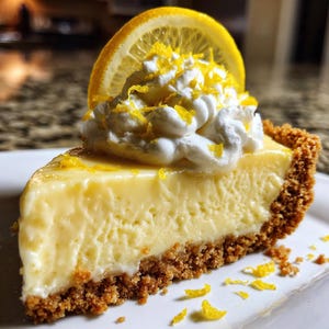 May include: A slice of lemon pie on a white plate. The pie has a graham cracker crust, a creamy yellow filling, and is topped with whipped cream, lemon zest, and a lemon slice. The pie is a dessert.