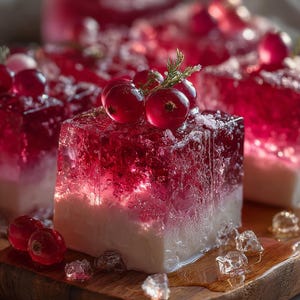 May include: Close-up of a dessert featuring layered red and white gelatin cubes, topped with fresh red berries and sprigs of greenery. The cubes sit on a wooden board, with scattered ice crystals and a blurred background.