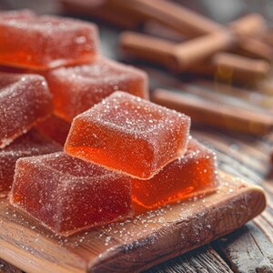 Puede incluir: Primer plano de una tabla de madera con varias gelatinas de frutas cuadradas, de color rojo anaranjado, espolvoreadas con az&uacute;car. Palitos de canela est&aacute;n esparcidos alrededor de la tabla, creando una escena c&aacute;lida. Los caramelos est&aacute;n dispuestos en un peque&ntilde;o mont&oacute;n.