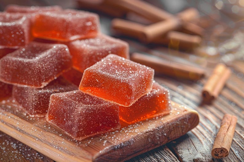 Puede incluir: Primer plano de una tabla de madera con varias gelatinas de frutas cuadradas, de color rojo anaranjado, espolvoreadas con az&uacute;car. Palitos de canela est&aacute;n esparcidos alrededor de la tabla, creando una escena c&aacute;lida. Los caramelos est&aacute;n dispuestos en un peque&ntilde;o mont&oacute;n.