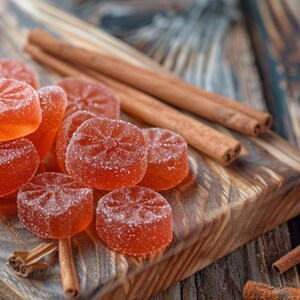 Puede incluir: Primer plano de caramelos redondos de color naranja con un dise&ntilde;o floral, espolvoreados con az&uacute;car, dispuestos sobre una tabla de cortar de madera con palitos de canela. Los caramelos son de un color naranja vibrante y los palitos de canela son de color marr&oacute;n c&aacute;lido.