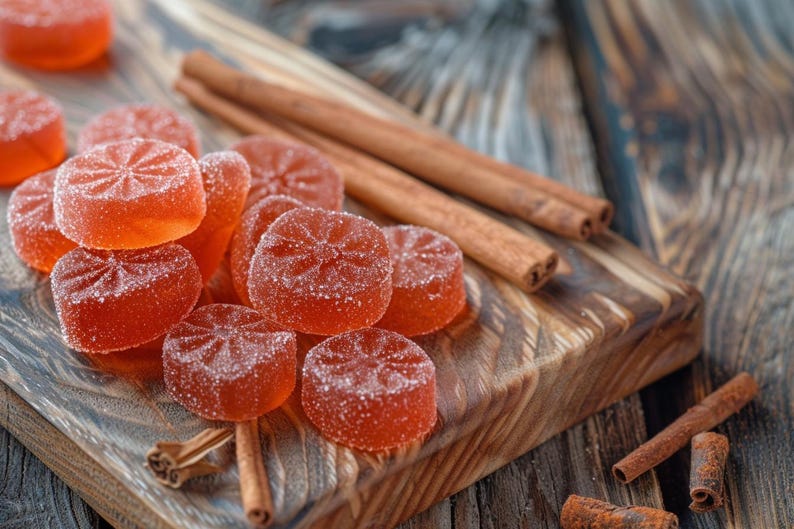 Puede incluir: Primer plano de caramelos redondos de color naranja con un dise&ntilde;o floral, espolvoreados con az&uacute;car, dispuestos sobre una tabla de cortar de madera con palitos de canela. Los caramelos son de un color naranja vibrante y los palitos de canela son de color marr&oacute;n c&aacute;lido.