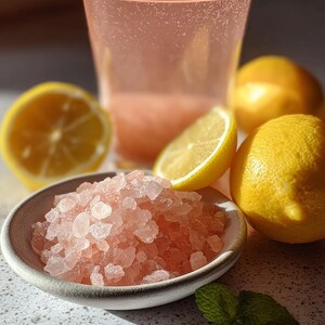 May include: A refreshing pink drink in a clear glass, surrounded by fresh lemons and a small bowl of pink salt crystals. A sprig of mint adds a touch of green. The scene evokes a sense of natural ingredients and a healthy lifestyle.