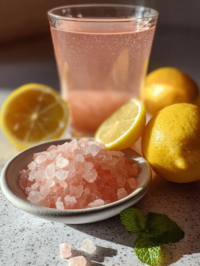 May include: A refreshing pink drink in a clear glass, surrounded by fresh lemons and a small bowl of pink salt crystals. A sprig of mint adds a touch of green. The scene evokes a sense of natural ingredients and a healthy lifestyle.