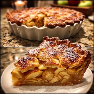Può includere: Una torta di mele al forno in una pirofila di ceramica bianca, con una fetta tagliata. La torta ha una crosta dorata ed è ripiena di mele a fette. Una singola fetta di torta è su un piatto bianco, spolverata di zucchero a velo.