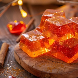 Puede incluir: Primer plano de una tabla de madera con varios caramelos cuadrados de color naranja. Los caramelos est&aacute;n espolvoreados con un fino polvo dorado. Tambi&eacute;n se ven dos palitos de canela y decoraciones rojas en forma de coraz&oacute;n.