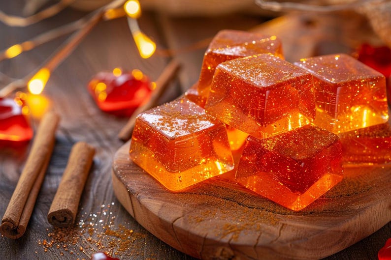 Puede incluir: Primer plano de una tabla de madera con varios caramelos cuadrados de color naranja. Los caramelos est&aacute;n espolvoreados con un fino polvo dorado. Tambi&eacute;n se ven dos palitos de canela y decoraciones rojas en forma de coraz&oacute;n.