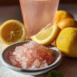 May include: A refreshing pink drink in a clear glass, surrounded by fresh lemons and a small bowl of pink salt crystals. A sprig of mint adds a touch of green. The scene suggests a homemade lemonade or cocktail.