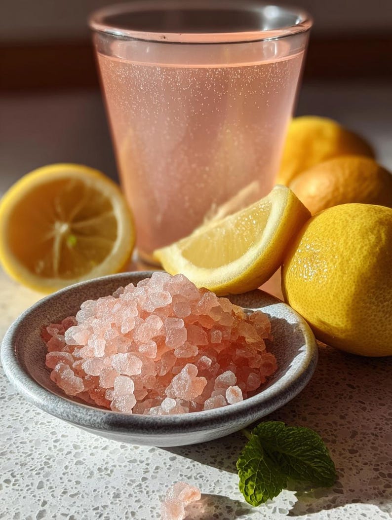 May include: A refreshing pink drink in a clear glass, surrounded by fresh lemons and a small bowl of pink salt crystals. A sprig of mint adds a touch of green. The scene suggests a homemade lemonade or cocktail.