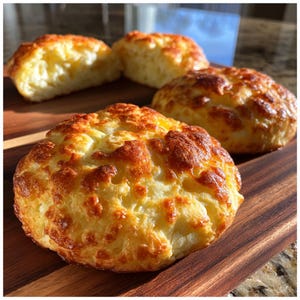 May include: Four golden-brown, baked cheese bread rolls on a wooden cutting board. The rolls have a bubbly, textured surface and a rich, toasted appearance. The bread is a light yellow color with darker, browned spots.