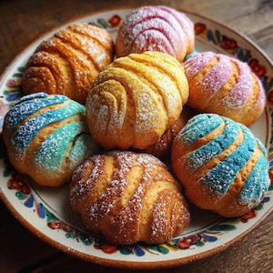 Könnte beinhalten: Ein Teller mit bunten Conchas, mexikanischem süßem Brot. Die Brötchen haben ein Wirbelmuster und sind mit Puderzucker bestäubt. Die Conchas sind in verschiedenen Farben gehalten: Orange, Gelb, Rosa, Blau und Braun, auf einem dekorativen Teller.