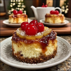 May include: A mini cheesecake with a graham cracker crust, topped with glazed pineapple slices, red cherries, and powdered sugar, served on a white plate. Other cheesecakes and a teapot are in the background.