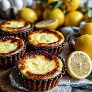 Peut inclure: Gros plan sur plusieurs tartelettes au citron dans des moules en métal cannelés, avec une croûte dorée et une garniture crémeuse. Des citrons frais et un citron coupé en deux sont disposés autour des tartes, avec une boîte d'œufs.