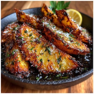 May include: Close-up of a cast iron skillet filled with golden-brown potato wedges. The wedges are seasoned with herbs and parmesan cheese, and a lemon wedge is visible in the background. The dish is a savory appetizer.