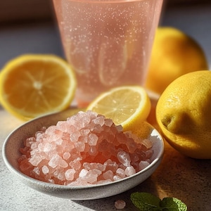 May include: A refreshing pink drink in a clear glass, surrounded by fresh lemons and a small bowl of pink Himalayan salt. A sprig of mint adds a touch of green. The scene is bathed in natural light, creating a bright and inviting composition.