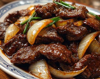 Auténtica receta china de ternera con cebolla, salteado rápido, adobo secreto (descarga digital en PDF)