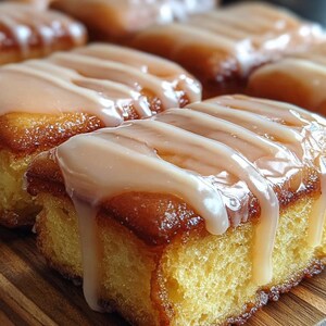 May include: Close-up of several golden-brown, rectangular pastries with a glossy, light-colored glaze drizzled over the top. The pastries sit on a wooden surface, with some in focus and others blurred in the background. The glaze is dripping down the sides.