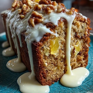 May include: A slice of moist cake with visible chunks of fruit and walnuts, topped with a white glaze. The glaze drips down the sides onto a blue plate, creating a visually appealing dessert.