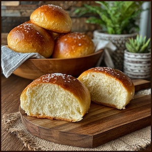 Könnte beinhalten: Goldbraune, frisch gebackene Brötchen, einige mit grobem Salz bestreut, werden in einer Holzschüssel und auf einem Holzschneidebrett präsentiert. Ein Brötchen ist halbiert, wodurch ein weiches, luftiges Inneres sichtbar wird. Das Bild deutet auf hausgemachte Backwaren hin.