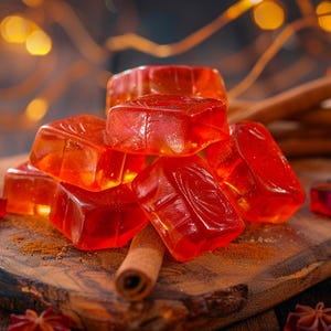 Puede incluir: Primer plano de una tabla de madera con una pila de caramelos cuadrados transl&uacute;cidos de color rojo anaranjado. Tambi&eacute;n hay palitos de canela y an&iacute;s estrellado, con luces borrosas en el fondo.