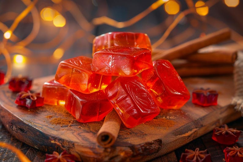 Puede incluir: Primer plano de una tabla de madera con una pila de caramelos cuadrados transl&uacute;cidos de color rojo anaranjado. Tambi&eacute;n hay palitos de canela y an&iacute;s estrellado, con luces borrosas en el fondo.