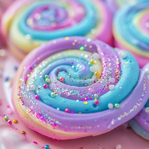 Könnte beinhalten: Nahaufnahme von bunten, gewirbelten Baiser-Keksen auf einem rosa Teller. Die Kekse haben Pastelltöne von Blau, Lila, Gelb und Rosa, mit Streuseln und essbaren Perlen. Ein süßer Leckerbissen.