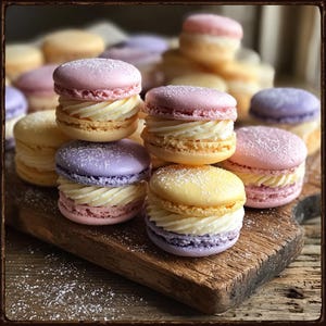 May include: A collection of colorful macarons, including pink, purple, and yellow, with a creamy white filling. The macarons are dusted with powdered sugar and arranged on a wooden cutting board. The image has a warm, inviting aesthetic.