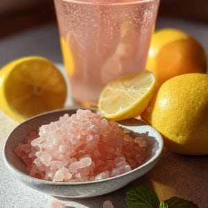 May include: A refreshing pink drink in a clear glass, surrounded by fresh lemons and a small bowl of pink Himalayan salt. A sprig of mint adds a touch of green. The drink appears bubbly, suggesting it's a sparkling beverage.