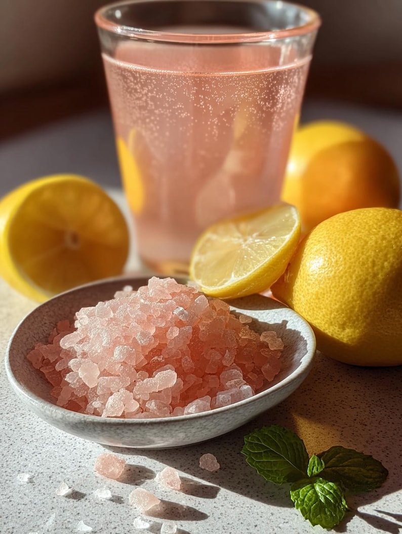May include: A refreshing pink drink in a clear glass, surrounded by fresh lemons and a small bowl of pink Himalayan salt. A sprig of mint adds a touch of green. The drink appears bubbly, suggesting it's a sparkling beverage.