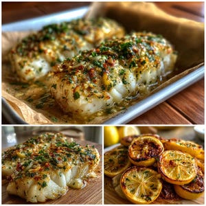May include: Close-up of baked fish fillets topped with herbs and spices, served on a baking sheet with parchment paper. The image also shows a fillet on a wooden cutting board and grilled lemon slices.