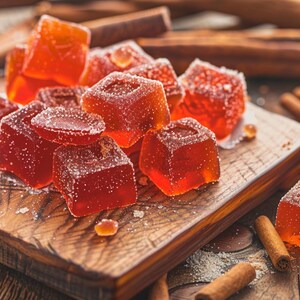 Puede incluir: Una tabla de madera exhibe una colecci&oacute;n de gelatinas cuadradas de color naranja-rojizo espolvoreadas con az&uacute;car. Palitos de canela est&aacute;n esparcidos alrededor de la tabla. Los caramelos tienen una apariencia transl&uacute;cida, sugiriendo una confiter&iacute;a afrutada.
