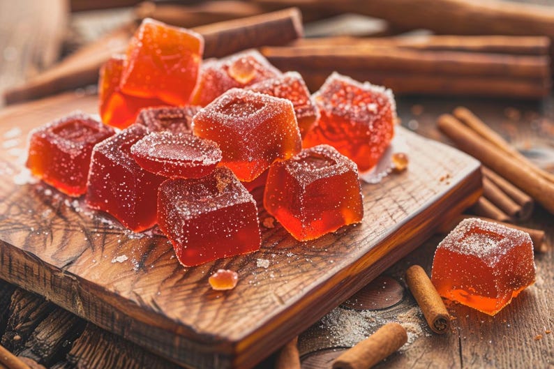 Puede incluir: Una tabla de madera exhibe una colecci&oacute;n de gelatinas cuadradas de color naranja-rojizo espolvoreadas con az&uacute;car. Palitos de canela est&aacute;n esparcidos alrededor de la tabla. Los caramelos tienen una apariencia transl&uacute;cida, sugiriendo una confiter&iacute;a afrutada.
