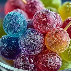 Könnte beinhalten: Nahaufnahme von bunten, runden Süßigkeiten auf Stäbchen. Die Süßigkeiten sind in verschiedenen Farben gehalten, darunter Blau, Rot, Lila und Orange, und mit winzigen Zuckerkristallen bedeckt. Die Süßigkeiten sind in einer durchsichtigen Glasschale angeordnet.