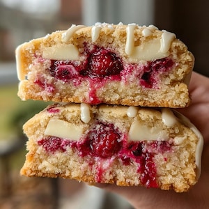 May include: A close-up of two halves of a cookie, revealing a vibrant interior. The cookie features a golden-brown exterior, studded with white chocolate chunks and filled with fresh raspberries. White icing drizzles over the top, enhancing the visual appeal.