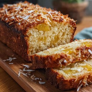 May include: A loaf of freshly baked pineapple coconut bread, sliced and ready to serve. The bread is golden brown with visible chunks of pineapple and topped with toasted coconut flakes. The bread sits on a wooden cutting board.