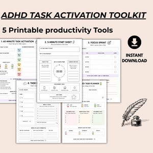 以下が含まれることがあります： ADHDタスクアクティベーションツールキット。5種類の印刷可能な生産性向上ツールが含まれています。60分タスクアクティベーションシート、5分スタートシート、フォーカススプリントプランナー、タスク内訳シート、エネルギーレベルガイド付きタスクプランナーで構成されています。