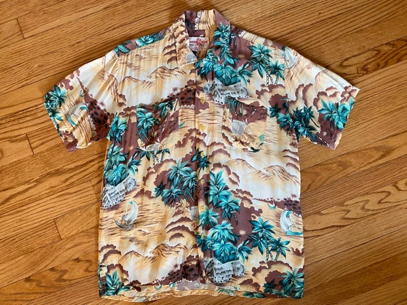 Aloha Vintage 50s Rayon Hawaiian Shirt, Screen Print Made in Japan M