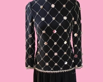 Vintage 1960s Mod Teal Traina Mirror Square Paillette & Rhinestones Dress - Deadstock w/out Tags Size XS