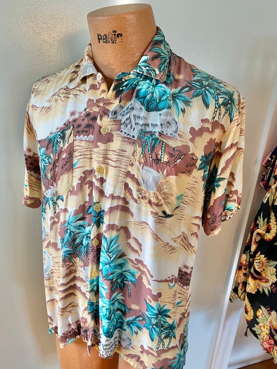 Vintage 1970s Does 1950s Rayon Hawaiian Aloha Shir