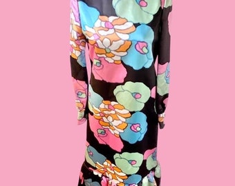 Vintage 1960s Pierre Cardin Psychedelic Satin Hostess DressSize Small