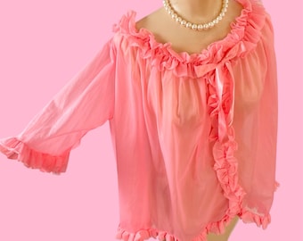 Vintage 1960s DEADSTOCK Flamingo Pink Ruffled Nightie Top Sz Volup  XXL