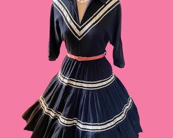 Vintage 1950s Living the Good Life Black & Silver Patio Dress  Sz Small - Medium