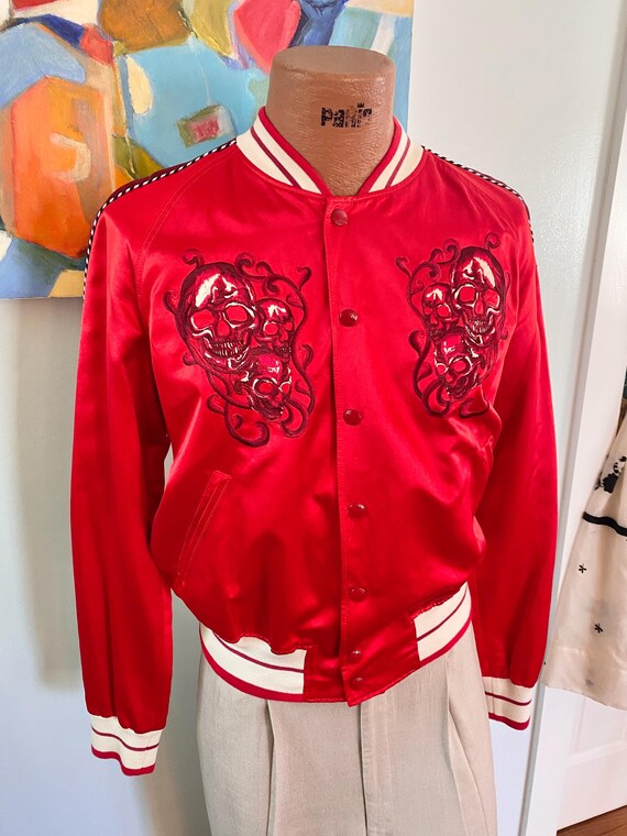 Alexander McQueen, Vintage Alexander McQueen Skulls Red Satin Bomber Jacket Skull Made in Italy sz 48 Medium