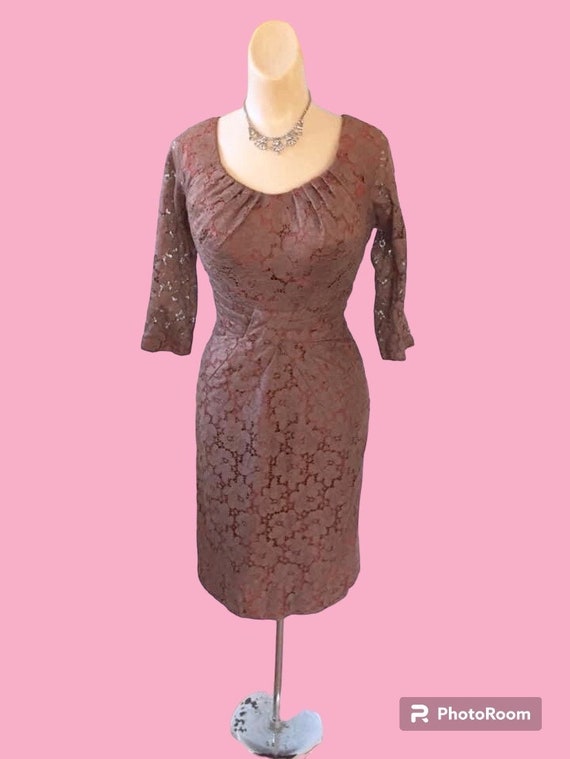 Vintage 1950’s ALIX OF MIAMI Mocha Wiggle Dress w… - image 1