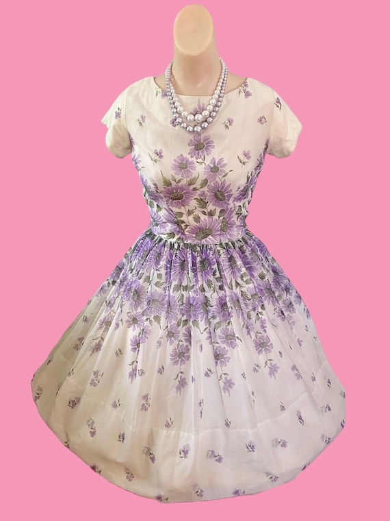 purple daisy dress Vintage 1950s Purple Daisy Dress Size Small