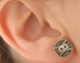 Baseball Earrings , Personalized Baseball Number Stud Earrings in Silver or Gold With Any Number Available.