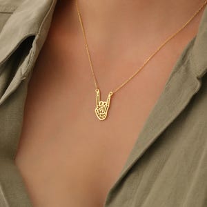 Rock n Roll Hand Sign Necklace in Sterling Silver, Sign of The Horns Pendant, Hard Rock Hand Sign Symbol Necklace, Sign Language Charm Gift